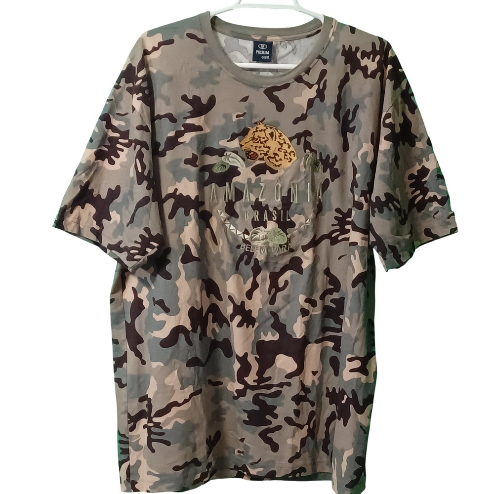 Pierim Men's XL Amazonia Brasil Camo T-Shirt Jaguar Graphic Green Brown Cotton‎